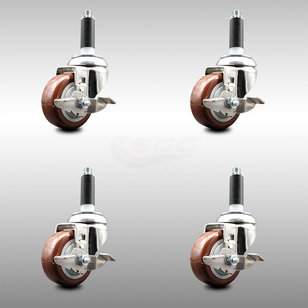 Service Caster 3.5 Inch 316SS Maroon Poly Swivel 3/4 Inch Expanding Stem Caster Set Brake SCC SCC-SS316EX20S3514-PPUB-MRN-TLB-34-4 - main